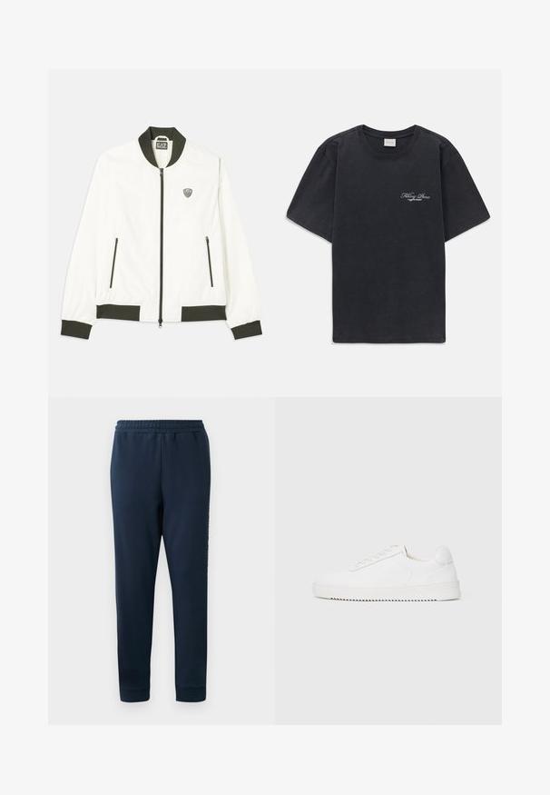 Hvit bomberjakke med mørkegrønn ribbet krage og mansjetter. Har glidelås foran og to sidelommer med glidelås. EA7-logo på venstre bryst.; Svart kortermet t-skjorte med rund hals og liten hvit "Filling Pieces" tekstlogo på venstre bryst.; Marineblå joggebukser laget av myk stoff, med elastisk liv og smale ben. Vist logo langs siden.; Hvit sneaker med en glatt skinnoverdel, avrundet tå, snøring, teksturerte sideakenter og en tykkgummisåle. Minimalistisk design.