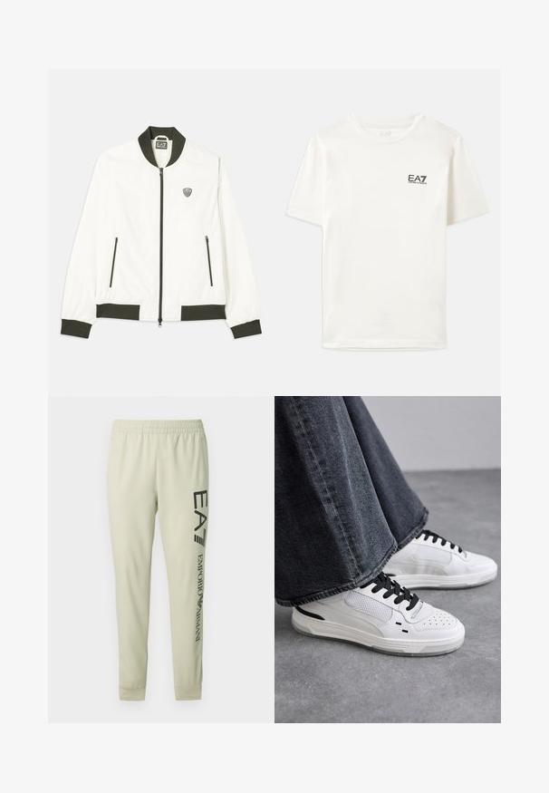 White bomber jacket with dark green ribbed collar and cuffs. Features a zip front and two side zipper pockets. EA7 logo on the left chest.; White cotton t-shirt with short sleeves, a crew neck, and a small black EA7 logo on the left chest. Smooth texture, standard fit.; Cream-colored sweatpants with an elastic waistband, tapered legs, and black printed text along the left side. Soft, smooth fabric texture.; White sneakers with black laces and mesh detailing. Features a smooth leather upper and a textured rubber sole. Paired with wide-leg grey jeans.