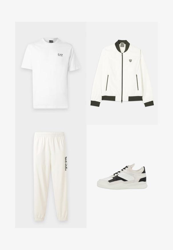 White bomber jacket with dark green ribbed collar and cuffs. Features a zip front and two side zipper pockets. EA7 logo on the left chest.; White cotton t-shirt featuring a round neckline, short sleeves, and a black EA7 logo on the left chest. Smooth, plain texture.; Light beige sweatpants with an elastic waistband and elastic cuffs. Features a black printed logo on the left leg. Soft fabric texture.; White and black sneaker with leather and suede materials, perforated design, lace-up closure, and a textured white sole.
