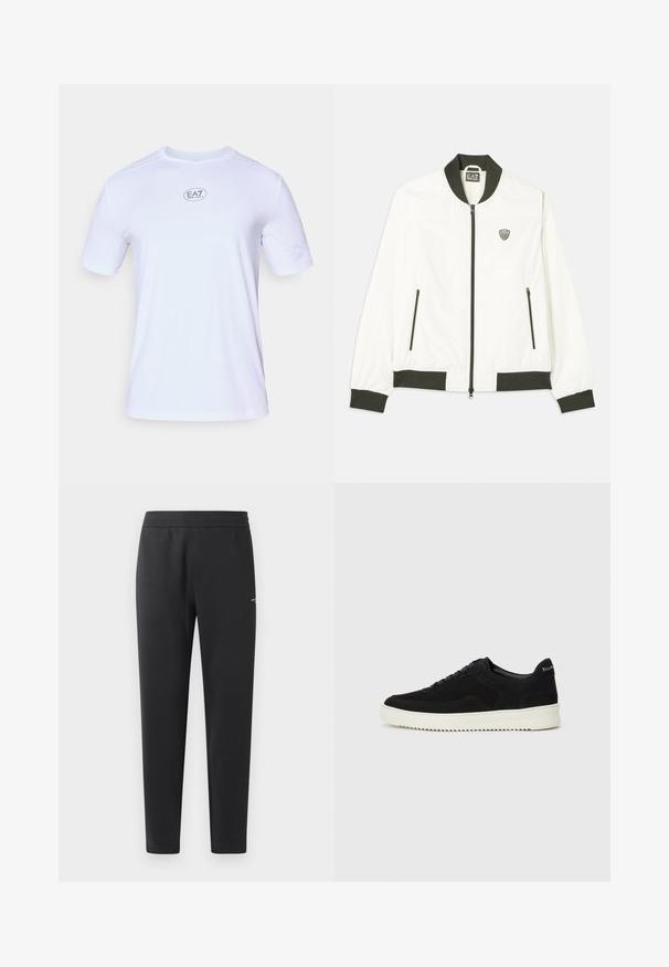 Casaco bomber branco com gola e punhos canelados em verde escuro. Apresenta fecho éclair na frente e dois bolsos laterais com fecho éclair. Logótipo EA7 no lado esquerdo do peito.; Camisola atlética de mangas curtas brancas, feita de um tecido de malha leve e respirável. Apresenta um decote redondo e um logótipo circular EA7 no peito.; Calças de treino pretas feitas de tecido suave, com um cós elástico, pernas retas e um pequeno detalhe de logotipo de um lado.; Sapatilhas de camurça pretas com design de atacadores e sola de borracha branca em contraste. Apresenta painéis laterais texturizados e uma marcação discreta no calcanhar.
