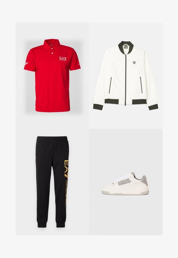 Bílá bomber bunda s tmavozeleným žebrovaným límcem a manžetami. Má zip vpředu a dvě boční kapsy na zip. Logo EA7 na levé části hrudi.; Červené polo tričko z hladké tkaniny, které má límec na dva knoflíky, krátké rukávy a logo EA7 na hrudi a rukávu.; Černé tepláky vyrobené z jemné látky, s elastickým páskem a zúženými kotníky. Žluté logo potisknuté vertikálně na levé nohavici.; Bílé a světle šedé nízké tenisky s bílými šněrováním a semišovými detaily, zobrazené z boku na jednoduchém světlém pozadí.