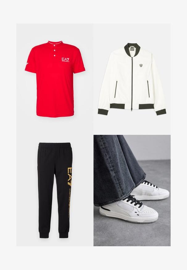 Λευκό μπουφάν τύπου bomber με σκούρο πράσινο ριμπ ύφασμα στον γιακά και στα μανίκια. Διαθέτει φερμουάρ μπροστά και δύο πλευρικές τσέπες με φερμουάρ. Λογότυπο EA7 στο αριστερό στήθος.; Κόκκινο πόλο μπλουζάκι με κοντό, όρθιο γιακά, τρεις κουμπάκια και λογότυπο EA7 στο στήθος. Κατασκευασμένο από απαλό, ελαφρύ ύφασμα.; Μαύρες φόρμες από μαλακό ύφασμα, με ελαστική μέση και μανσέτες στους αστραγάλους. Κίτρινη επωνυμία εκτυπωμένη κατακόρυφα στο αριστερό πόδι.; Λευκά αθλητικά παπούτσια με μαύρες κορδόνες και πλέγμα λεπτομέρειας. Διαθέτουν λείο δερμάτινο επάνω μέρος και υφή από καουτσούκ στη σόλα. Συνδυάζονται με γκρι παντελόνια φαρδιάς γραμμής.