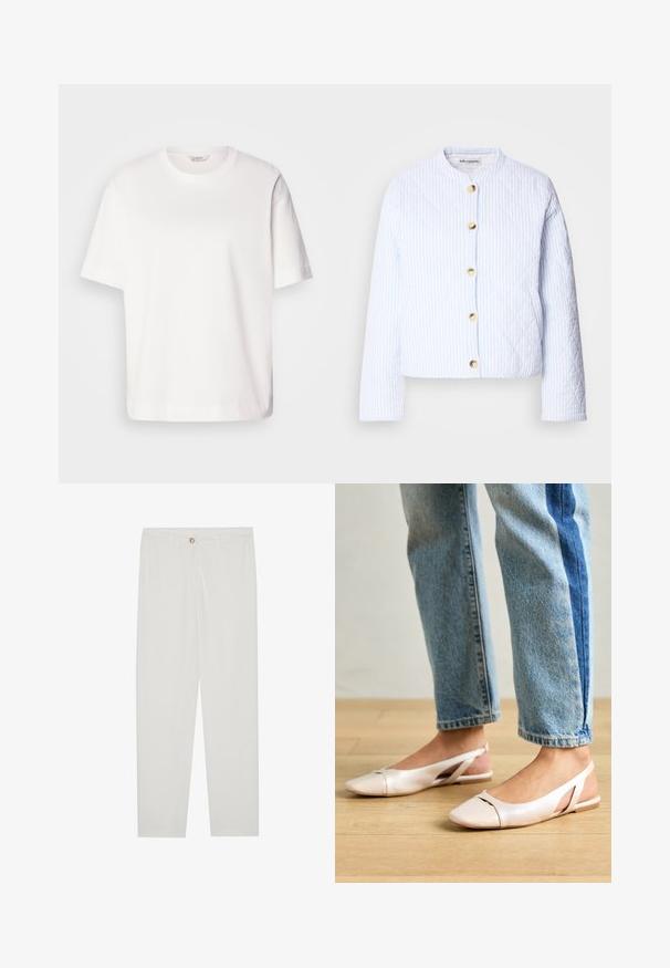 Vaatetustakki vaaleansiniseksi, jossa on valkoisia raitoja, pyöreä kaula-aukko ja kultaiset napit. Sileä rakenne ja lyhyt muoto.; Valkoinen puuvillapaita, lyhyet hihat, pyöreä pääntie, rento istuvuus ja sileä pinta; ei kuvioita tai näkyviä kiinnityksiä.; Valkoiset, muotoon ommellut housut, joissa on suora lahjerakenne, napillinen sulkeminen, vyölenkit ja sivutaskut; sileä kangas.; Vaaleanpunaiset slingback-ballerinat, joissa on terävä kärki, valmistettu sileästä nahkamaisesta materiaalista. Sivujen leikkuuyksityiskohdat ja tasapohja.