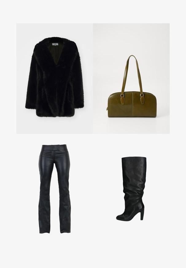 Manteau en fausse fourrure noire avec un décolleté en V profond, texture douce, coupe décontractée et manches larges. L'intérieur est doublé d'une couleur sombre unie.; Sweater rayé noir et blanc avec un large col bateau, des manches longues et un ourlet côtelé serré à la taille. Texture douce et tricotée.; Pantalons en cuir noir à coupe slim, taille plate et évasement en bas. Texture lisse et design minimaliste sans quincaillerie visible.; Bottes noires en cuir montant jusqu'au genou avec un design décontracté, bout rond et un petit talon carré. Texture lisse, sans matériel ni accents visibles.; Sac à main en cuir vert olive, de forme arrondie, avec deux poignées et une façade sans couture. Il présente une texture lisse et des détails de couture subtils.