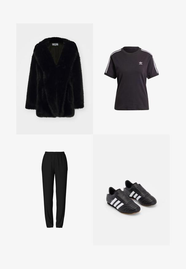 Czarny płaszcz z futra syntetycznego z głębokim dekoltem w kształcie litery V, miękką fakturą, luźnym krojem i szerokimi rękawami. W środku podszyty jest jednolitym, ciemnym kolorem.; Czarny bawełniany t-shirt z krótkim rękawem i okrągłym dekoltem, z białymi paskami na ramionach oraz małym białym logo Adidasa na piersi.; Czarne dresy z elastycznym pasem, zwężanymi nogawkami i gładką, miękką teksturą. Prosty, funkcjonalny design bez dodatkowych akcentów.; Czarne buty piłkarskie z teksturowanej skórzanej cholewki, z wyściełanym przodem, trzema białymi paskami po bokach oraz gumową podeszwą.
