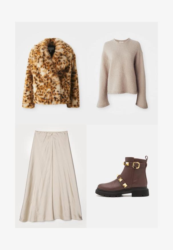 Veste en fausse fourrure à imprimé léopard avec un col en pointe, un devant croisé et une coupe légèrement courte. Texture douce avec des tons de brun variés.; Pull en maille beige avec des manches longues, un col rond et une finition texturée. Doté d'une coupe décontractée et de détails côtelés subtils à l'ourlet.; Jupe en satin beige avec une silhouette évasée. Présente une taille froncée et un éclat subtil, avec des coutures angulaires et une drapé fluide.; Bottine en cuir marron avec semelle en caoutchouc noire, boucle dorée et clous en forme de pyramide sur une sangle. Elle présente une texture lisse et un bout arrondi.