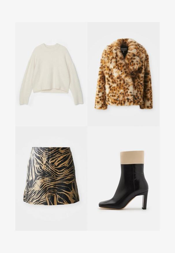 Leopardmønstret faux fur-jakke med notched krave, dobbeltradet front og let cropped form. Blød tekstur med varierende brune nuancer.; Uldtrøje i off-white med rund halsudskæring, sænkede skuldre og cropped kant. Blød tekstur med en løs pasform.; Sort og guld nederdel med zebra-stribe mønster, lavet af glat materiale med en tætsiddende pasform og høj talje design.; Sorte læderankelstøvler med en cremefarvet accent øverst, spids tå og en høj hæl med sølvaccent. Glat tekstur uden synlige mønstre.
