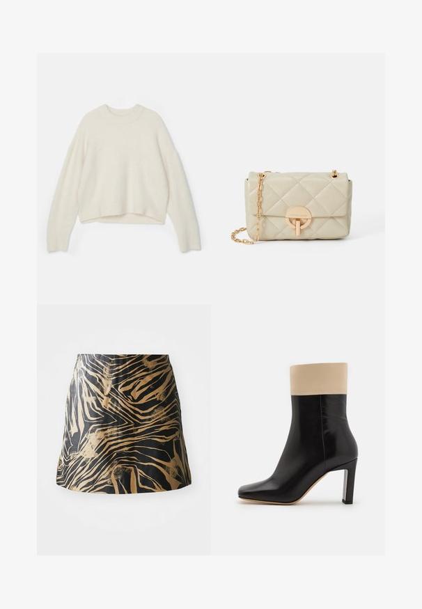Leopard-print faux fur jacket with a notched collar, double-breasted front, and slightly cropped shape. Soft texture with varying brown tones.; Wool sweater in off-white with a round neckline, dropped shoulders, and a cropped hem. Soft texture with a loose fit.; Black and gold skirt featuring a zebra stripe pattern, made of smooth material with a fitted shape and a high waist design.; Black leather ankle boot with cream accent at the top, pointed toe, and a high, silver-accented heel. Smooth texture with no visible patterns.; Quilted beige leather handbag with a gold chain strap and circular clasp, featuring a subtle logo and structured rectangular shape.