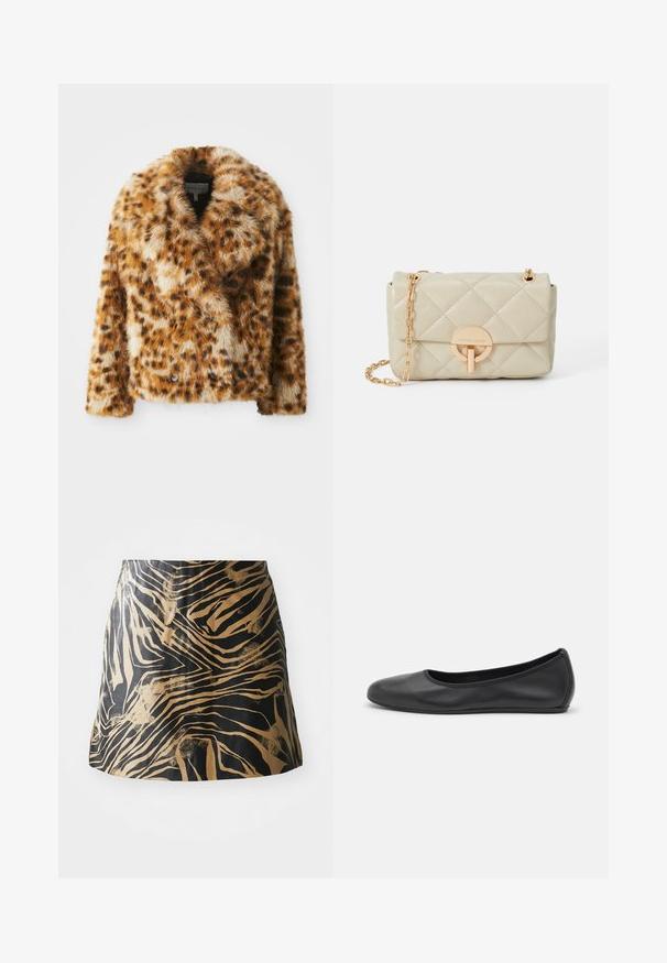 Jakna od umjetnog krzna s leopard uzorkom, s ovratnikom s izrezom, dvostrukim kopčanjem i blago skraćenim krojem. Mekana tekstura s raznolikim smešnim tonovima.; Bijela rebrasta kratkotrajna majica s okruglim izrezom. Tkanina izgleda glatko s prilagođenim siluetom. Vidljiva oznaka branda na ovratniku.; Crna i zlatna suknja s uzorkom zebra pruga, izrađena od glatkog materijala s uskim krojem i visokim strukom.; Crne kožne baletanke s zaobljenim vrhom, glatke teksture, minimalnim detaljima šavova i fleksibilnim dizajnom potplata.; Čeburičasta bež kožna torba sa zlatnim lančanim remenom i kružnim kopčanjem, s diskretnim logotipom i strukturiranim pravokutnim oblikom.