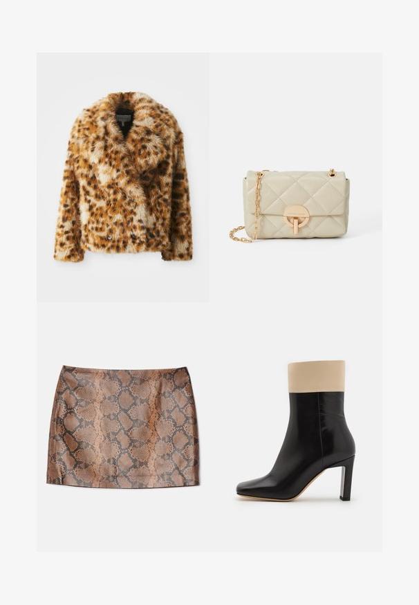 Leopardmønstret faux fur-jakke med notched krave, dobbeltradet front og let cropped form. Blød tekstur med varierende brune nuancer.; Sort langærmet turtleneck top lavet af glat stof, med en rynket krave og tætsiddende silhuet med enkle kanter.; Alice + Olivia ELANA SNAKE SKIRT - Mini skirts - camel/black; Sorte læderankelstøvler med en cremefarvet accent øverst, spids tå og en høj hæl med sølvaccent. Glat tekstur uden synlige mønstre.; Quiltet beige læderhandtaske med en guld kædetræksnor og rund lås, med et diskret logo og struktureret rektangulær form.
