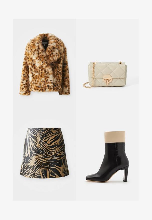Leopard-print faux fur jacket with a notched collar, double-breasted front, and slightly cropped shape. Soft texture with varying brown tones.; Black tank top with thin spaghetti straps, made of a ribbed fabric, featuring a straight cut and a label at the neckline reading "IVY OAK."; Black and gold skirt featuring a zebra stripe pattern, made of smooth material with a fitted shape and a high waist design.; Black leather ankle boot with cream accent at the top, pointed toe, and a high, silver-accented heel. Smooth texture with no visible patterns.; Quilted beige leather handbag with a gold chain strap and circular clasp, featuring a subtle logo and structured rectangular shape.