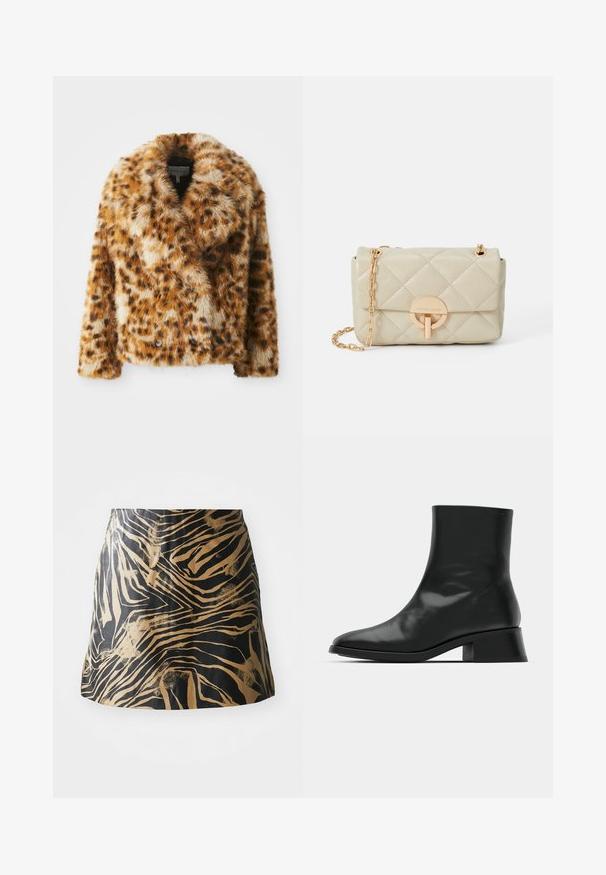 Veste en fausse fourrure à imprimé léopard avec un col en pointe, un devant croisé et une coupe légèrement courte. Texture douce avec des tons de brun variés.; Débardeur côtelé noir avec un col rond et un logo brodé en blanc. Présente une silhouette ajustée et un ourlet droit et net.; Jupe noire et dorée présentant un motif zébré, fabriquée en matériau lisse avec une coupe ajustée et un design taille haute.; Bottine noire en cuir brillant, au design épuré, avec un bout pointu et un petit talon bloc pour plus de stabilité.; Sac à main en cuir beige matelassé avec une bandoulière en chaîne dorée et un fermoir circulaire, comportant un logo discret et une forme rectangulaire structurée.