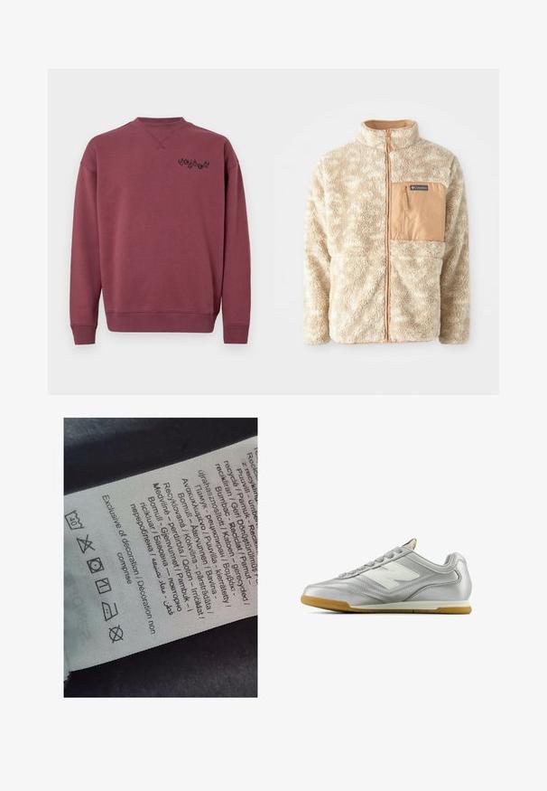 Beige fleece jacket met volledige rits aan de voorkant, gestructureerde stof en een tan gekleurde ritszak op de borst met het label Columbia.; Bordeaux katoenen sweatshirt met een ronde halslijn en ribgebreide mouwen. Heeft een zwart logo gedrukt op de linkerborst. Glad textuur.; Label tag met meertalige tekst, zorgsymbolen en recyclingiconen, gedrukt op een zacht textielachtig materiaal in een lichte kleur.; Zilveren sportschoen met een gladde, glanzende oppervlak, wit logo aan de zijkant, gestructureerde grijzige veters en een gumrubberen zool.