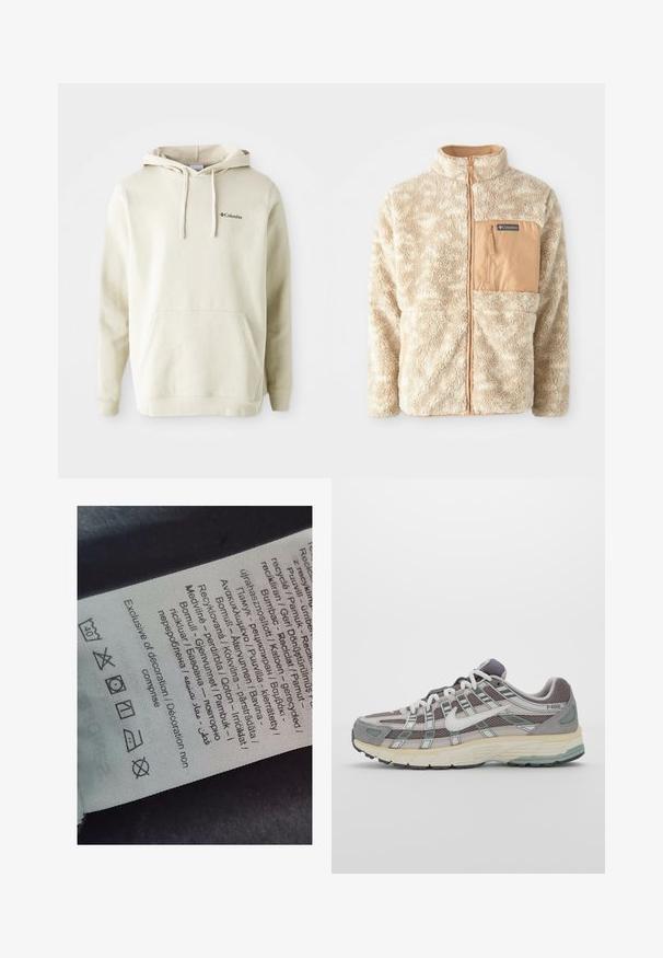 Veste en polaire beige avec fermeture éclair sur tout le devant, tissu texturé et poche poitrine zippée couleur sable étiquetée Columbia.; Hoodie couleur crème en tissu doux, avec une poche kangourou à l'avant, une capuche avec cordon de serrage et un petit logo brodé sur la poitrine.; Étiquette avec texte multilingue, symboles d'entretien et icônes de recyclage, imprimée sur un matériau doux semblable à du tissu dans une couleur claire.; Chaussure de sport grise avec une tige en mesh et en daim, accents blancs, semelle rembourrée et un design distinctif avec des éléments réfléchissants.