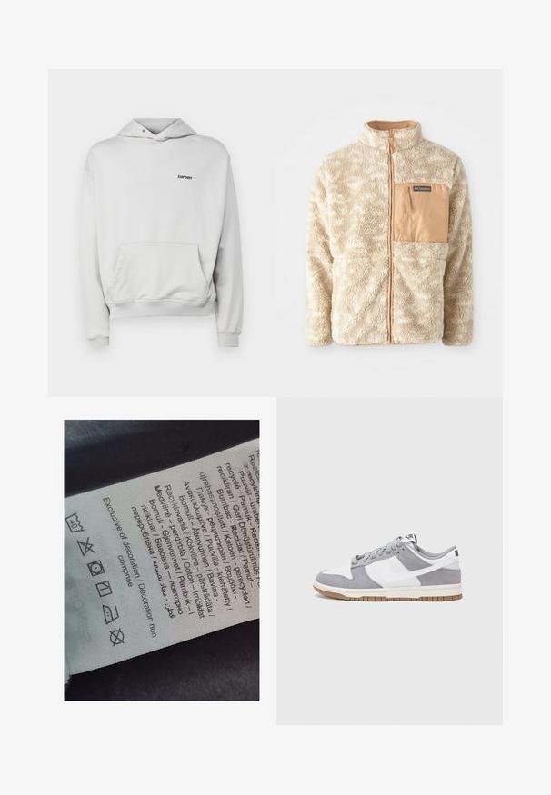 Giacca in pile beige con zip anteriore completa, tessuto testurizzato e tasca sul petto con zip color sabbia etichettata Columbia.; Bareen BOJAN OVERSIZE HOODIE - Felpa - micro chip; Etichetta con testo multilingue, simboli di cura e icone di riciclo, stampata su un materiale morbido simile a stoffa di colore chiaro.; Sneaker grigia e bianca con tomaia in suede e pelle, punta arrotondata, lacci piatti e soletta in gomma con un accento color caramello.