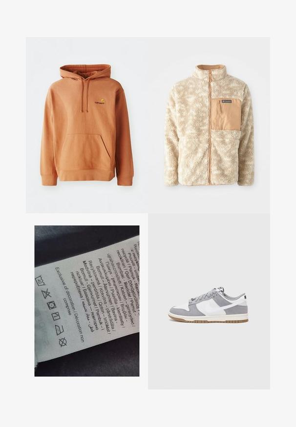 Beige fleece jacket with full front zipper, textured fabric, and tan zippered chest pocket labeled Columbia.; Orange hoodie made of cotton blend with a front pocket, adjustable drawstring hood, and embroidered logo on the chest.; Label tag with multi-language text, care symbols, and recycling icons, printed on a soft fabric-like material in light color.; Gray and white sneaker with a suede and leather upper, rounded toe, flat laces, and a rubber sole featuring a gum accent.
