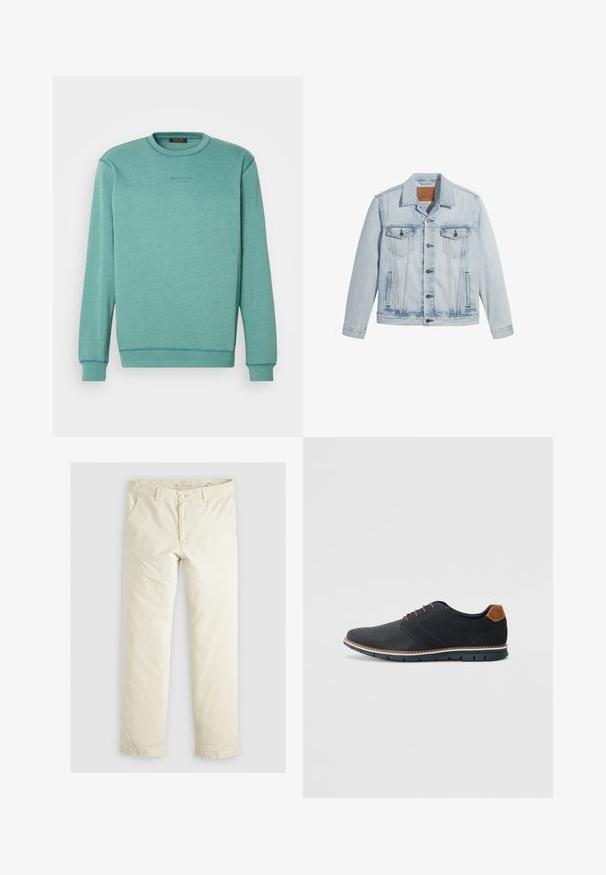 Helle Jeansjacke in Blau mit Knopfverschluss, zwei Brusttaschen und klassischem Kragen. Mit einem lässigen, leicht taillierten Schnitt und einem leicht getragenen Look.; Helles Teal Sweatshirt mit Rundhalsausschnitt, langen Ärmeln und kontrastierenden Nähten. Das Sweatshirt trägt dezent den Schriftzug "Wear The Code".; Helle beigefarbene, lässig geschnittene Hose mit drei Taschen, Gürtelschlaufen und geradem Bein. Hergestellt aus einem weichen Baumwoll-Mix.; Schwarze synthetische Schuhe mit einer strukturierten Oberseite, glatten Akzenten, braunem Absatz und einer kontrastierenden Sohle. Verfügt über minimale Schnürung und Nähdetails.