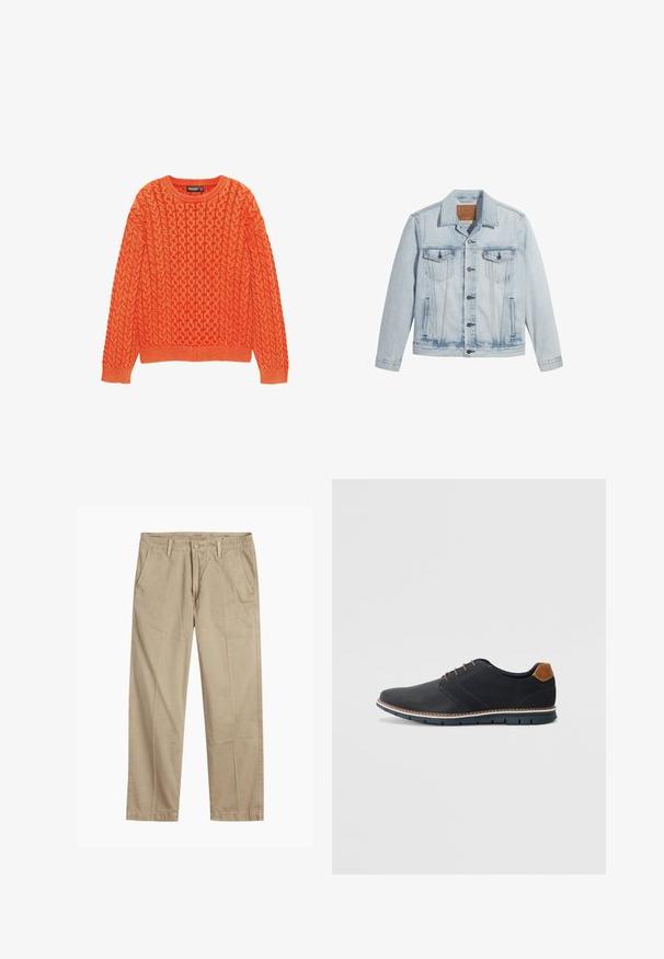 Jasnoniebieska kurtka dżinsowa z zapięciem na guziki, dwiema kieszeniami na piersi oraz klasycznym kołnierzem. Z efektem zniszczenia i lekko dopasowanym krojem.; Pomarańczowy sweter dzianinowy z fakturowanym wzorem kablowym, okrągłym dekoltem oraz ściągaczami na rękawach i u dołu. Wykonany z miękkiej, ciepłej tkaniny.; Beżowe chinosy o prostym kroju z pętlami na pasek, przednim zapięciem na guzik i zamek błyskawiczny oraz skośnymi kieszeniami z przodu.; Czarne syntetyczne buty z fakturowaną cholewką, gładkimi akcentami, brązowym obcasem i kontrastującą podeszwą. Charakteryzują się minimalnym sznurowaniem i detalami w szwach.