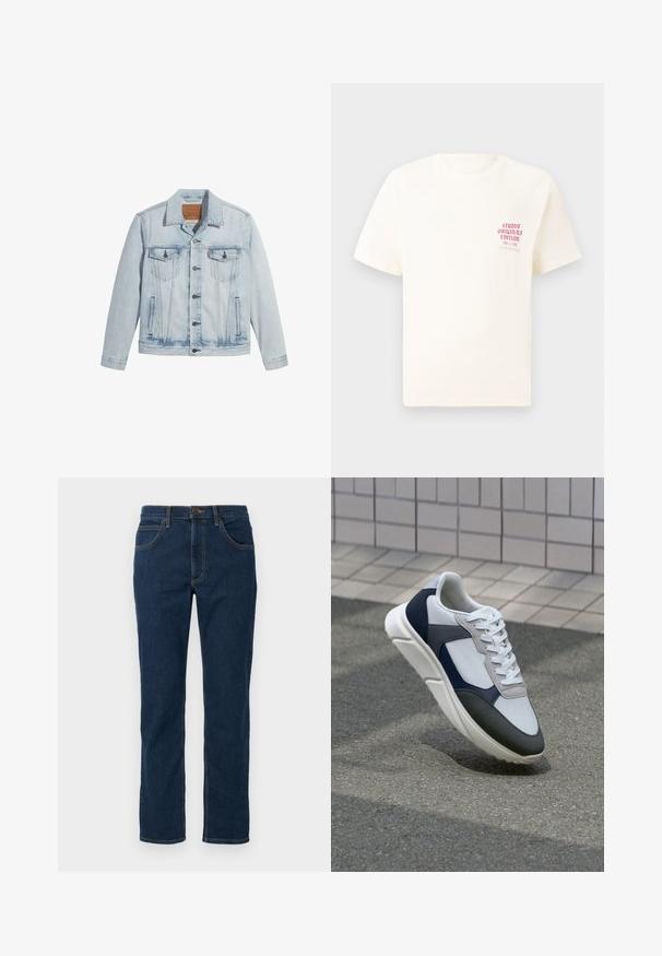 Chaqueta de mezclilla azul claro con cierre de botones, dos bolsillos en el pecho y cuello clásico. Detalles desgastados y una forma ligeramente ajustada.; Camiseta blanca de manga corta con el texto rojo "Edición de Studio Originals" en el lado izquierdo del pecho, exhibida sobre un fondo gris neutro.; Jeans de denim azul oscuro con un ajuste recto, diseño clásico de cinco bolsillos, costuras visibles en un color contrastante y cierre de botón.; Zapatilla blanca, azul marino y gris con un diseño de materiales mixtos, que presenta una parte superior texturizada, cordones planos y una suela acolchada.