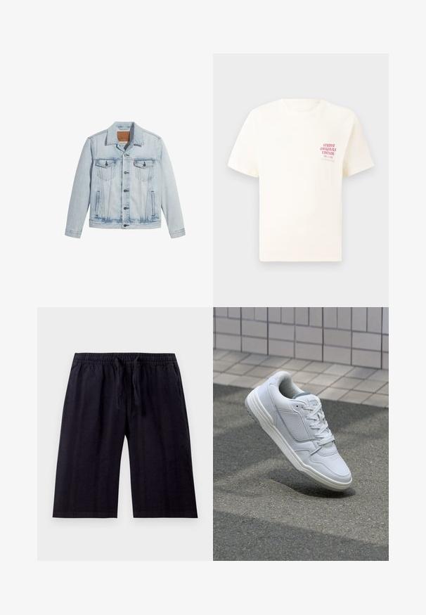 Chaqueta de mezclilla azul claro con cierre de botones, dos bolsillos en el pecho y cuello clásico. Detalles desgastados y una forma ligeramente ajustada.; Camiseta blanca de manga corta con el texto rojo "Edición de Studio Originals" en el lado izquierdo del pecho, exhibida sobre un fondo gris neutro.; Pantalones cortos negros hasta la rodilla hechos de una tela ligera. Presentan una cinturilla elástica con cordón y una textura suave. Diseño simple.; Zapatilla blanca de cuero con lados perforados, acentos texturizados, cordones planos y un talón gris en contraste. Presenta una suela ligeramente elevada.