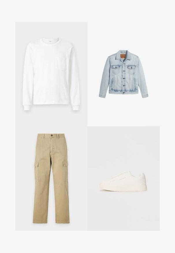 Lichtblauwe denimjasje met knopen aan de voorkant, twee borstzakken en een klassieke kraag. Verweerde details en een licht getailleerde pasvorm.; Witte longsleeve T-shirt gemaakt van katoen. Heeft een ronde halslijn en een klein borstzakje. Zachte stof met geribde manchetten.; Beige cargobroek van katoen, met twee zijzakken, een knoopsluiting en rechte pijpen van een licht gestructureerde stof.; Witte instap sneakers met een gestructureerd oppervlak, een dikke zool en een minimalistisch ontwerp. Bevat het merklogo aan de zijkant.