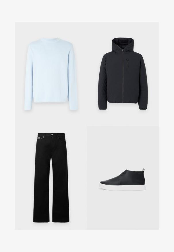 Giacca imbottita nera con cappuccio. Presenta un colletto alto, chiusura frontale con zip e una tasca sul petto con zip. Texture liscia e design minimalista.; Maglione azzurro chiaro con maniche lunghe e scollatura rotonda. Tessuto liscio, colletto e orlo a costine. Design minimalista, senza fantasie o decorazioni.; Pantaloni in denim nero con design a gamba larga, dotati di cinque tasche e hardware in metallo per i bottoni. Texture liscia, senza motivi visibili.; Sneakers alte in pelle nera con finitura liscia, suola in gomma bianca e un design semplice con lacci. Presentano un occhiello sul retro.