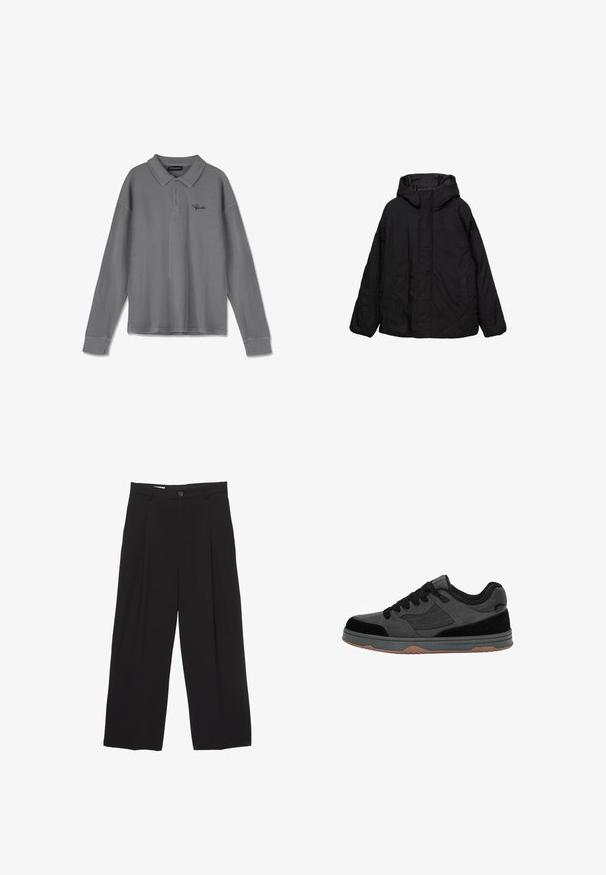 Fekete, kapucnis dzseki laza fazonnal, sima felülettel, két oldalzsebbel és minimális varrási részletekkel. Vízhatlan anyag.; Csíkos szürke anyagú, hosszú ujjú polo felső. Gallérral, három gombos nyitással és diszkrét fekete márkázással rendelkezik a mellkason.; Fekete, bő szárú nadrág sima anyagból, lapos derékpánttal, elülső redőkkel és egy gombos záródással.; Fekete és sötétszürke alacsony szárú sneaker fekete fűzőkkel, velúrból és hálós anyagból készült felsőrésszel, és gumi talppal, oldalról nézve.