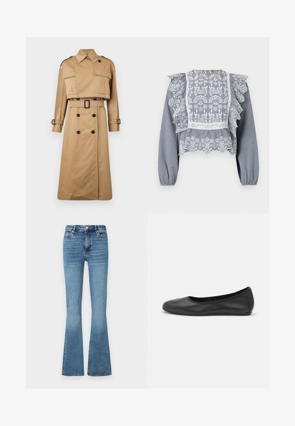 Beige trench coat with cropped jacket top, large front pockets, and long sleeves. Features a belted waist and double-breasted button closure.; Navy and white checkered blouse featuring lace detailing, ruffled sleeves, a peplum hem, and elastic cuffs, made from lightweight fabric.; Flared denim jeans in light blue wash; features a high waist, stitched seams, and a slight fade at the bottom of the legs.; Black leather ballet flat with a rounded toe, smooth texture, minimal stitching detail, and a flexible sole design.