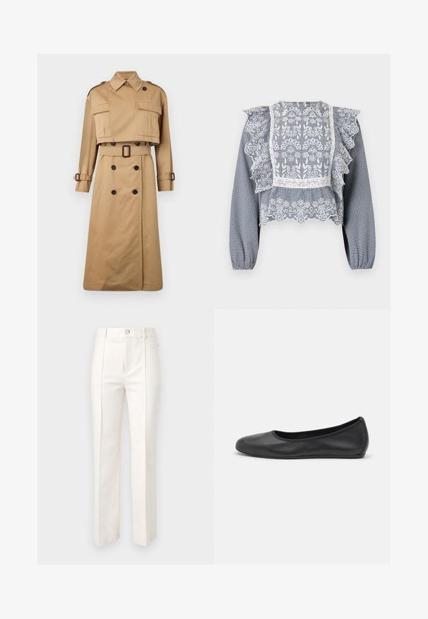 Beiger Trenchcoat mit kurzwärmtiger Jacke, großen Fronttaschen und langen Ärmeln. Besitzt eine taillierte Taille und einen doppeltknopfartigen Verschluss.; Marineblau-weiße kariertes Bluse mit Spitzenakzenten, rüschierten Ärmeln, einem Peplum-Saum und elastischen Bündchen, aus leichtem Stoff gefertigt.; Weiße gerade geschnittene Hosen aus Baumwollmischung, mit einer glatten Textur, zwei vorderen Falten und einem Bund mit einem einzelnen Knopfverschluss.; Schwarze Leder-Ballettschuhe mit abgerundeter Spitze, glatter Textur, minimalen Nähdetails und einem flexiblen Sohlen-Design.