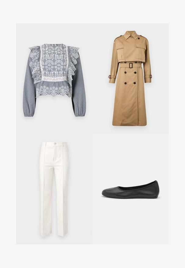 Trench coat beige con giacca corta, grandi tasche frontali e maniche lunghe. Presenta una vita cinturata e chiusura a doppio petto con bottoni.; Blusa a quadri blu navy e bianca con dettagli in pizzo, maniche a volant, orlo peplum e polsini elasticizzati, realizzata in tessuto leggero.; Pantaloni bianchi a gamba dritta in misto cotone, caratterizzati da una texture liscia, due pieghe frontali e una vita con cinturino a chiusura con un solo bottone.; Pantofole da balletto nere in pelle con punta arrotondata, texture liscia, dettagli di cucitura minimi e design con suola flessibile.