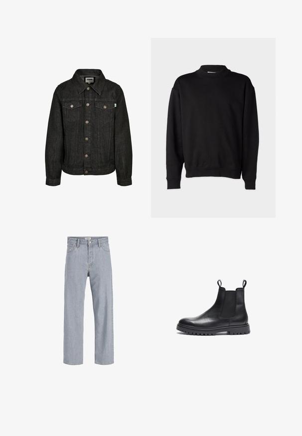 Fekete farmerdzseki klasszikus dizájnnal, klasszikus gallérral, gombos záródással, két mellzsebbel és fémből készült gombokkal.; Fekete pulóver magas bordás gallérral, hosszú ujjakkal és laza fitted kialakítással. Puha textúra bordás mandzsettákkal és derékkal.; Világoskék farmernadrág, laza szabású, egyenes lábú kialakítással, látható varrással, két elülső zsebbel és gombos záródással.; Fekete bőr Chelsea csizma texturált felülettel, elasztikus oldalsó panelek és húzófülek. Félkemény gumi talppal rendelkezik, amelyen bordázott mintázat található.