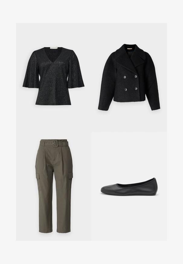 Rue de Femme MARION  - Light jacket - black; Black top with a V-neck and flared short sleeves, made from textured fabric with a subtle shimmer. Features a smooth finish and no visible hardware.; Cargo pants in olive green, made of lightweight fabric. Features include a belted waist, front pleats, and side pockets with flap closures.; Black leather ballet flat with a rounded toe, smooth texture, minimal stitching detail, and a flexible sole design.