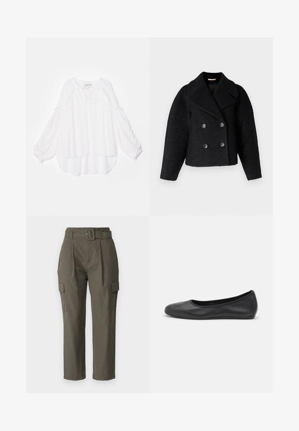 Rue de Femme MARION - Lett jakke - black; Hvit bluse med et løst, lagdelt design. Har lange, luftig ermer og en teksturert kant langs halsen og falden. Mykt stoff.; Cargo-bukser i olivengrøn, lavet af letvægtsstof. Funktioner omfatter en bæltestrop i taljen, frontfolder og sidelommer med flaplukninger.; Svart skinnballettflatt med rund tå, glatt tekstur, minimal sømdetalj, og et fleksibelt såledesign.
