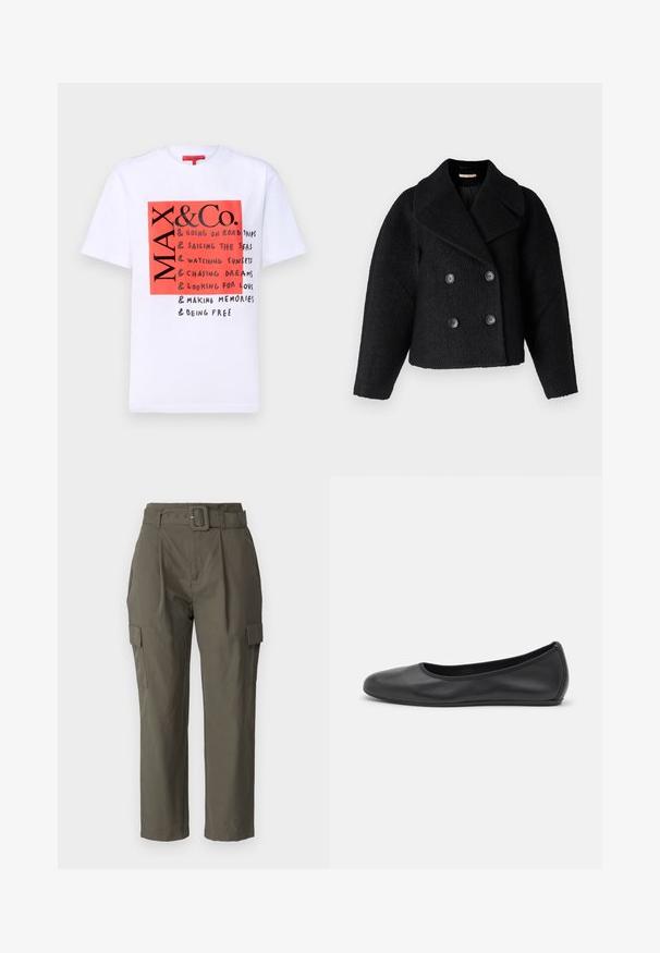 Rue de Femme MARION - Välikausitakki - black; MAX&Co. &CO TEE - Printtipaita - white; Cargo-housut oliivinvihreänä, kevyestä kankaasta valmistettuina. Ominaisuuksiin kuuluvat vyöllinen vyötärö, etupleatit ja sivutaskut, joissa on läppäsuljin.; Musta nahkainen ballerina, jossa on pyöristetty kärki, sileä pinta, minimaalinen ommelkoristelu ja joustava pohjamuotoilu.