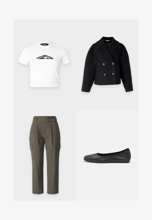 Rue de Femme MARION - Kerge jope - black; Valge lühikeste varrukatega puuvillane lühike t-särk, mille esiküljel on must graafiline logo. Ümmargune kaelus ja sujuv tekstuur.; Õlipüüdid oliivrohelises värvuses, valmistatud kergest kangast. Omadusteks on vööga talje, esiservade voltimine ja küljetaskud klapiga.; Musthave mustika tantsutossud mustast nahast, ümmarguse varbaga, siledast tekstuurist, minimaalse õmblusdetailiga ja paindliku tallakujundusega.