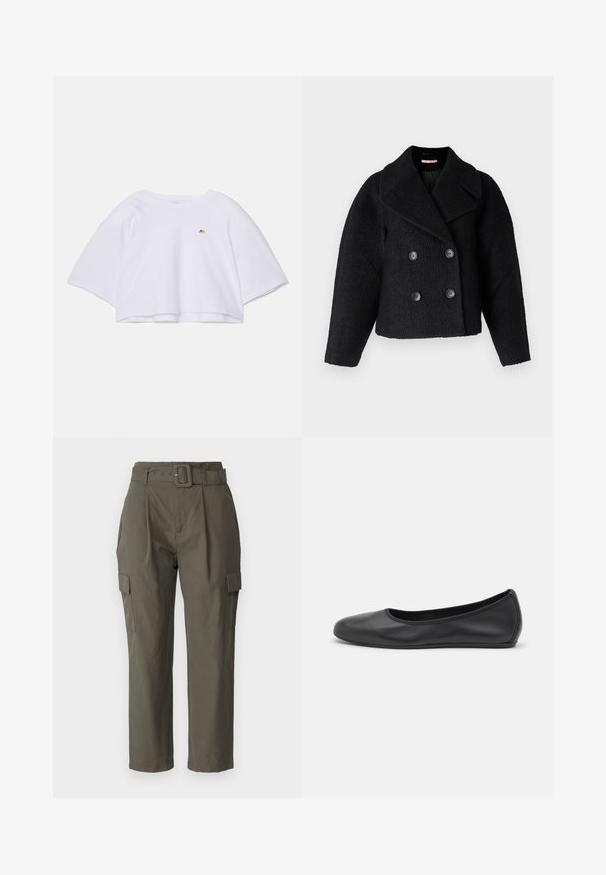 Rue de Femme MARION czarny; Biała krótka bluza z szerokimi, krótkimi rękawami, okrągłym dekoltem i małym złotym logo na piersi. Wykonana z miękkiego materiału.; Spodnie cargo w oliwkowym kolorze, wykonane z lekkiego materiału. Cechy to pasek w talii, fałdy z przodu oraz boczne kieszenie z klapkami.; Czarne skórzane baletki z zaokrąglonym noskiem, gładką fakturą, minimalnymi przeszyciami i elastycznym designem podeszwy.