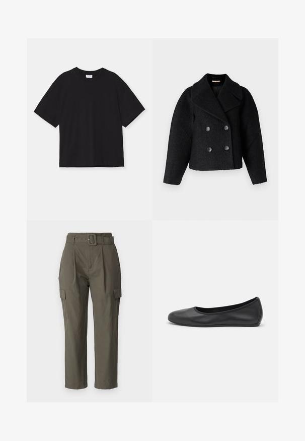 Rue de Femme MARION - Casaco leve - black; T-shirt preta de manga curta feita de algodão. Apresenta um ajustamento descontraído, decote redondo, e não possui padrões ou adornos visíveis.; Calças cargo em verde olivine, feitas de um tecido leve. As características incluem uma cintura com cinto, pregas na frente e bolsos laterais com fechos em aba.; Bailarina preta em pele com bico arredondado, textura suave, detalhe de costura minimalista e design de sola flexível.