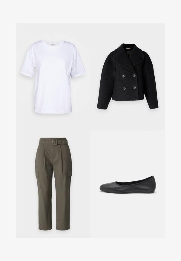 Rue de Femme MARION - Lett jakke - black; Hvit bomulls T-skjorte med rund hals, korte ermer og avslappet passform. Har minimal merking ved halsen. Glatt tekstur.; Cargo-bukser i olivengrøn, lavet af letvægtsstof. Funktioner omfatter en bæltestrop i taljen, frontfolder og sidelommer med flaplukninger.; Svart skinnballettflatt med rund tå, glatt tekstur, minimal sømdetalj, og et fleksibelt såledesign.