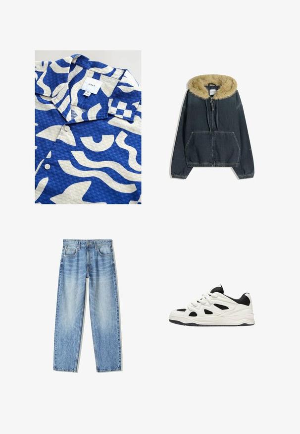Jeansjacka med faux fur-krage, dragkedja fram, två framfickor, elastiska ärmslut och nederkant. Mörkblå tvätt med synliga sömsömmar.; Kortärmad skjorta i vävt tyg med ett blått och vitt abstrakt mönster, standardkrage och en enkel knapp fram.; Ljusblå denimjeans med lös passform, rak bendesign, fem fickor och blekt utseende. Inkluderar en framsidan knapp och dragkedjestängning.; Vita och svarta träningsskor med en strukturerad sula, som har utskärningar på sidorna och snörning, samt en vadderad baksida för stöd.