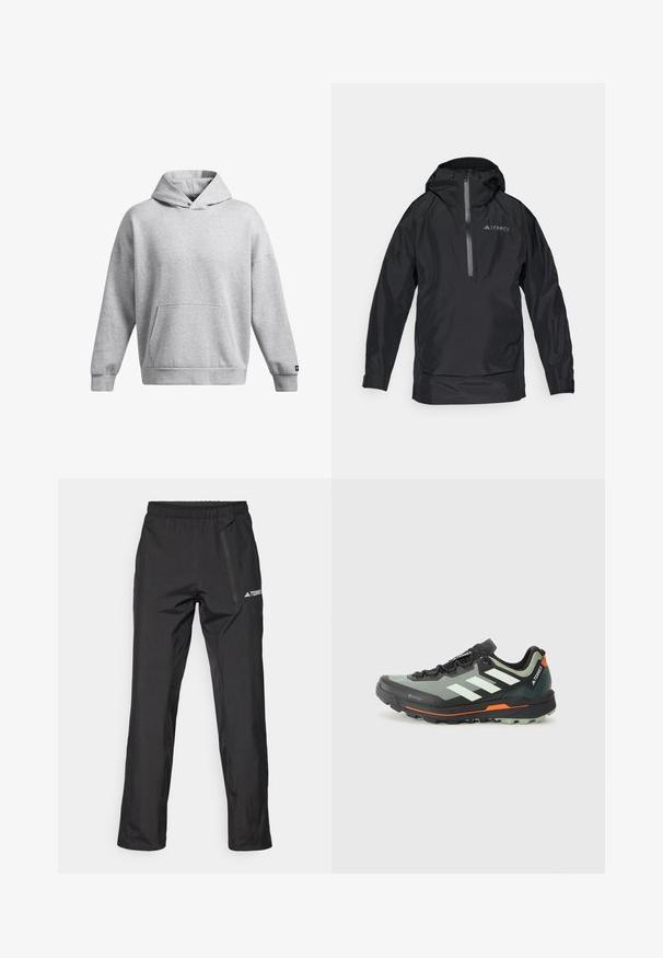 Schwarze wasserdichte Terrex-Jacke mit Kapuze, Reißverschluss vorne und elastischen Bündchen. Glatte Textur mit reflektierenden Details. Leichtes Design.; Grau Hoodie aus weichem Material, mit einer vorderen Kängurutasche und gerippten Bündchen. Lässige Passform mit einem schlichten Design.; Schwarze, leichte Outdoor-Hose mit elastischem Bund, Reißverschlusstaschen und gedrucktem Logo. Glatte Textur und gerade Beinführung.; Leichtgewichtiger Trailrunning-Schuh mit einem grauen und schwarzen Mesh-Obermaterial, orangefarbenen Akzenten und einer robusten Außensohle für besseren Halt. Wasserdichte Gore-Tex-Beschichtung.