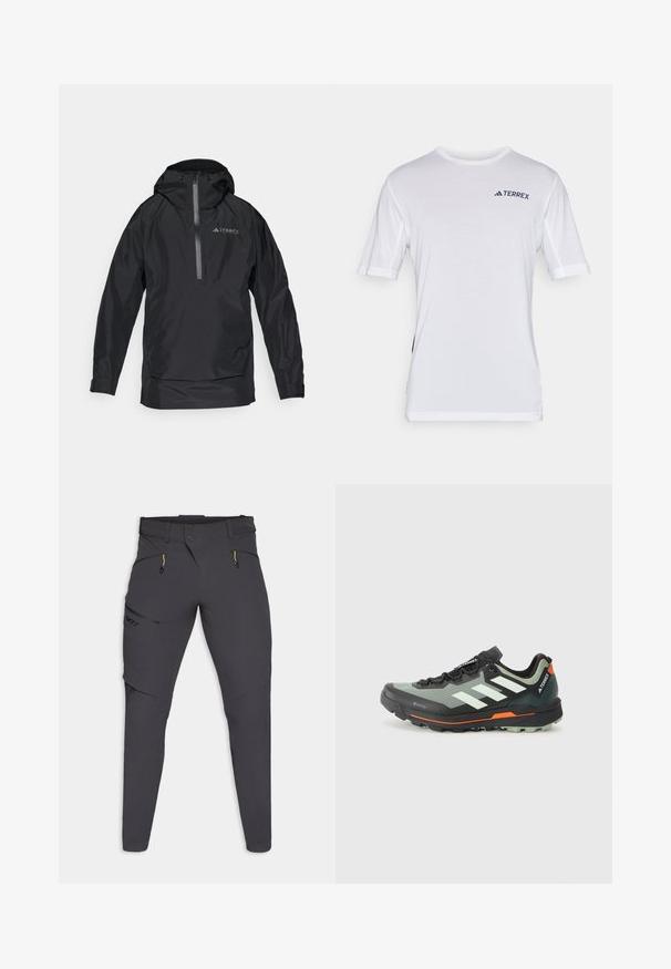 Crna vodootporna Terrex jakna s kapuljačom, zatvorenim prednjim dijelom i elastičnim manžetama. Gladak teksturisan materijal s reflektirajućim detaljima. Lagani dizajn.; Bijela kratka majica s mrežastim detaljima blizu ramena, s logotipom 'TERREX' u tamnoplavoj boji na prsima. Mekani materijal, regularan kroj.; Dynafit TRANSALPER PANTS - Hlače za otvoreno - black out; Lagana trail trkačka cipela s gornjim dijelom od sive i crne mrežice, narančastim akcentima i robusnom potplatom za prianjanje. Vodootporna Gore-Tex podstava.