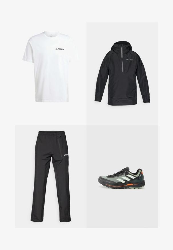 Chaqueta negra impermeable Terrex con capucha, cierre frontal con cremallera y puños elásticos. Textura suave con detalles reflectantes. Diseño ligero.; Camiseta de algodón blanca con mangas cortas, que presenta un pequeño logotipo negro de "TERREX" en la zona izquierda del pecho. Diseño clásico de cuello redondo.; Pantalones ligeros negros para exteriores con cintura elástica, bolsillos con cremallera y logo impreso. Textura suave y corte de pierna recta.; Zapatilla de trail running ligera con una parte superior de malla gris y negra, detalles en naranja y una suela robusta para tracción. Forro impermeable Gore-Tex.