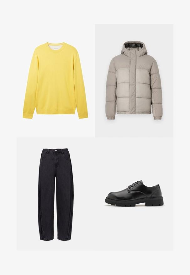 Pufová bunda světle šedé barvy s kapucí, má prošívaný design, přední zip a elastické manžety, vyrobena z měkké, texturované látky.; Žlutý dlouhý svetr vyrobený z hladké, lehké tkaniny. Obsahuje kulatý výstřih, žebrované manžety a decentní logo na přední straně.; Černé široké džíny vyrobené z denimu s hladkou texturou. Mají vysoký pas, přední kapsy a zapínání na knoflík v pase.; Černé kožené boty s zaoblenou špičkou, šněrovacím designem a silnou, strukturovanou gumovou podrážkou. Vyznačují se prošíváním po okraji a hladkým povrchem.