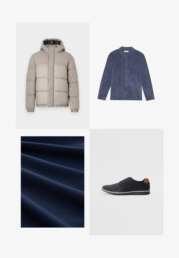 Chaqueta tipo puff en gris claro con capucha, presenta un diseño acolchado, cierre frontal con cremallera y puños elásticos, fabricada en un tejido suave y texturizado.; Camisa abotonada de pana de color azul oscuro, con cuello, bolsillo frontal y mangas largas con puños abotonados; superficie texturizada.; Tela azul marino con una textura suave, que presenta pliegues diagonales que crean profundidad y dimensión en la caída.; Zapatos sintéticos negros con un upper texturizado, acentos lisos, tacón marrón y una suela en contraste. Presenta un cordón mínimo y detalles de costura.