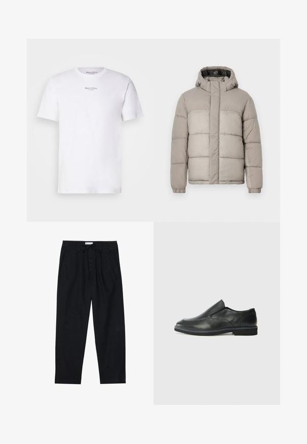 Puffjacka i ljusgrått med huva, har en quiltad design, främre dragkedjestängning och elastiska ärmslut, tillverkad av mjukt, texturerat tyg.; Vit kortärmad t-shirt i bomull med rund halsringning. Har "Marc O'Polo"-logotypen i svart på bröstet. Slät textur, minimalistisk design.; Pier One Chinos - black; Svart lädersko i slip-on-modell med en slät ovandel, sömnadsdetaljer, rund tå och låg gummihäl. Sulan har minimal mönstring.