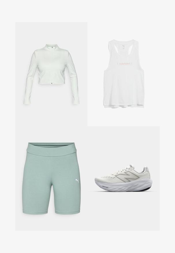 Bílá zkrácená zipová bunda vyrobená z hladké, elastické tkaniny. Má dlouhé rukávy, vysoký límec a síťované vložky na horních pažích.; Bílý sportovní top bez rukávů s kulatým výstřihem a designem na zadní straně, na hrudníku s nápisem "PUSHING THE PACE" v růžové barvě.; Světlé zelené sportovní šortky s hladkou strukturou, širokým pasem a malým bílým logem Puma na levé straně.; Bílé sportovní boty s síťovaným svrškem, vybavené polstrovaným límcem, texturovanou podrážkou a logem "Fresh Foam" na mezipodešvi.