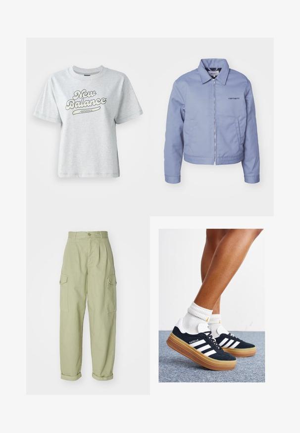 Carhartt WIP MODULE SCRIPT JACKET - Suvejakk - dove grey/black rigid; Hall kaelusega puuvillane T-särk, lühikeste varrukatega ja sinise ning valge "New Balance Athletics" logoga.; Heledad rohelised cargo püksid, valmistatud puuvillakangast. Omavad kõrget talje, volditud pahkluup, ja kahte külgpoket lisafunktsionaalsuse jaoks.; Mustad seemisnahast tossud valgete triipude ja detailidega, ümarate varbassosadega, kummist välistallaga, paaritatud valgete soonikuliste meessokkidega.