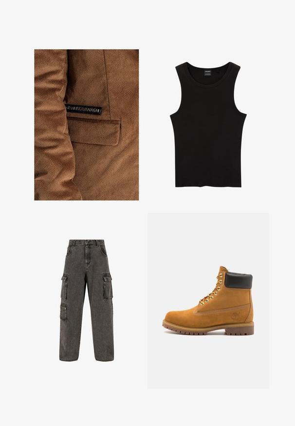 Hnědá manšestrová bunda s boční kapsou na levé straně a štítkem s nápisem "Gráinne Kavanagh" v černé barvě, s viditelným prošitím po celém povrchu.; Černý žebrovaný tílko s kulatým výstřihem a širokými průramky, vyrobené z měkké, elastické tkaniny. Značka: Pull&Bear.; Karl Kani OG BAGGY - Džíny Relaxed Fit - grey; Hnědé semišové kotníkové boty s černým polstrovaným límcem, zlatými kovovými očky, bílým prošíváním a odolnou gumovou podrážkou s výraznými drážkami.