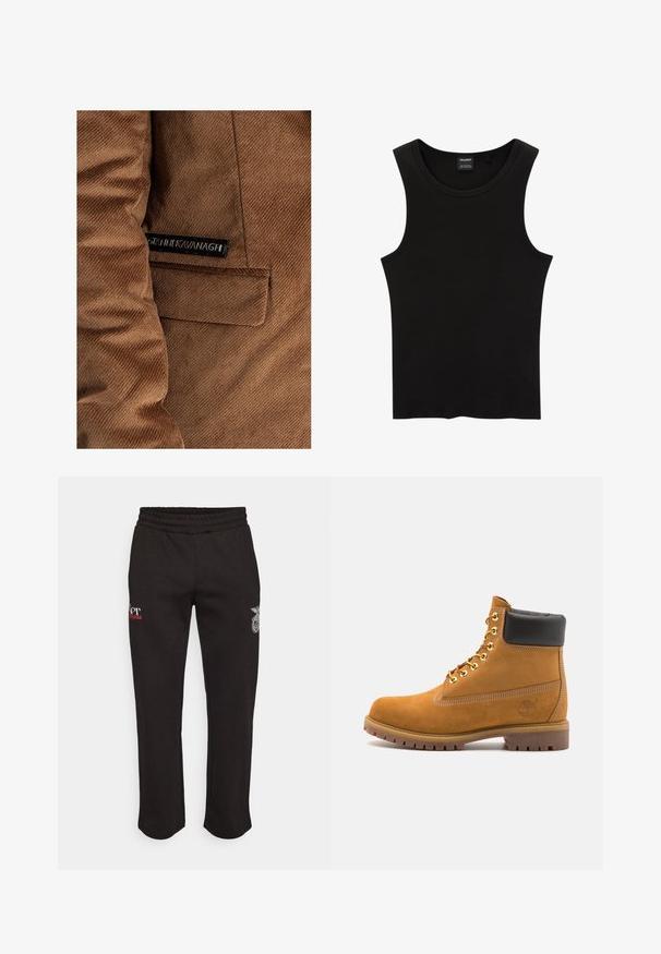Smeđi kordura sakoa s lijevom bočnom džepom i etiketom s natpisom "Gráinne Kavanagh" u crnoj boji, vidljive detalje šivanja cijelim sakoom.; Crni rebrasti majica bez rukava s okruglim izrezom i širokim izrezima za ruke, izrađena od mekog, rastezljivog materijala. Etiketa: Pull&Bear.; Crne trenirke od mješavine pamuka, s elastičnim pojasom, ravnog kroja i izvezenim logom na lijevoj nozi.; Antracitne antilop čizme do gležnjeva s crnim podstavljenim ovratnikom, zlatnim metalnim rupicama, bijelim šavovima i robusnom gumenom potplatom s izraženim šarama.