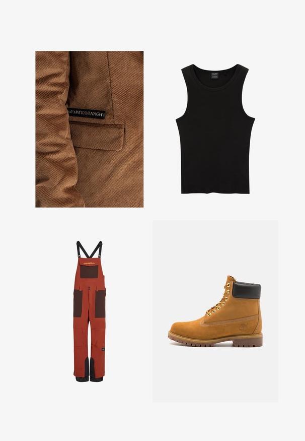 Veste en velours côtelé marron avec une poche sur le côté gauche et une étiquette avec "Gráinne Kavanagh" en noir, avec des détails de couture visibles sur l'ensemble.; Débardeur noir à côtes avec un col rond et de larges emmanchures, fabriqué à partir d'un tissu doux et extensible. Étiquette : Pull&Bear.; Salopettes imperméables rouges avec détails marron, bretelles ajustables, plusieurs poches et poignets renforcés pour plus de durabilité.; Bottine en daim beige avec un col rembourré noir, œillets en métal doré, détails de surpiqûres blanches et semelle en caoutchouc robuste avec des crampons prononcés.